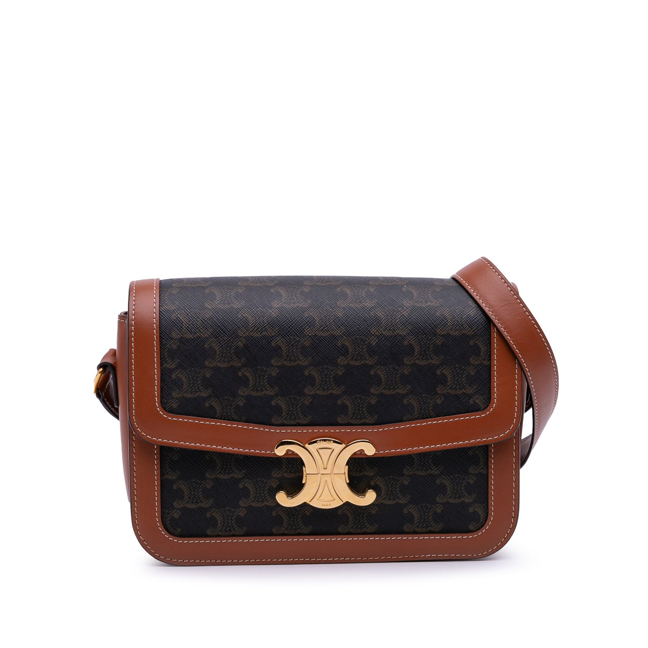 Celine Classique Triomphe Coated Canvas and Calfskin Triomphe Crossbody Bruin