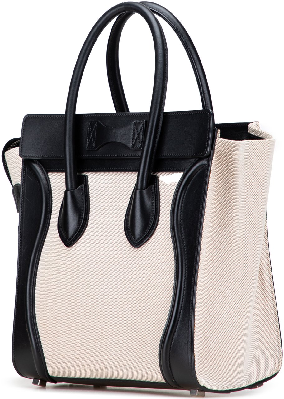 Celine Micro Bicolor Leather Trimmed Canvas Luggage Tote Bruin