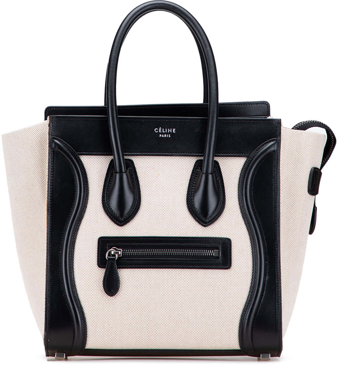 Celine Micro Bicolor Leather Trimmed Canvas Luggage Tote Bruin