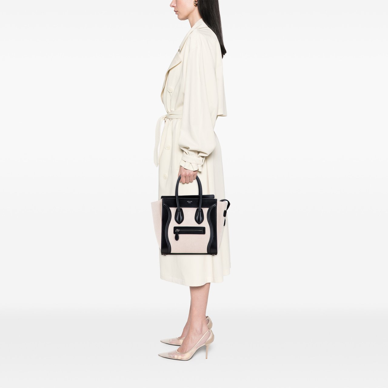 Celine Micro Bicolor Leather Trimmed Canvas Luggage Tote Bruin