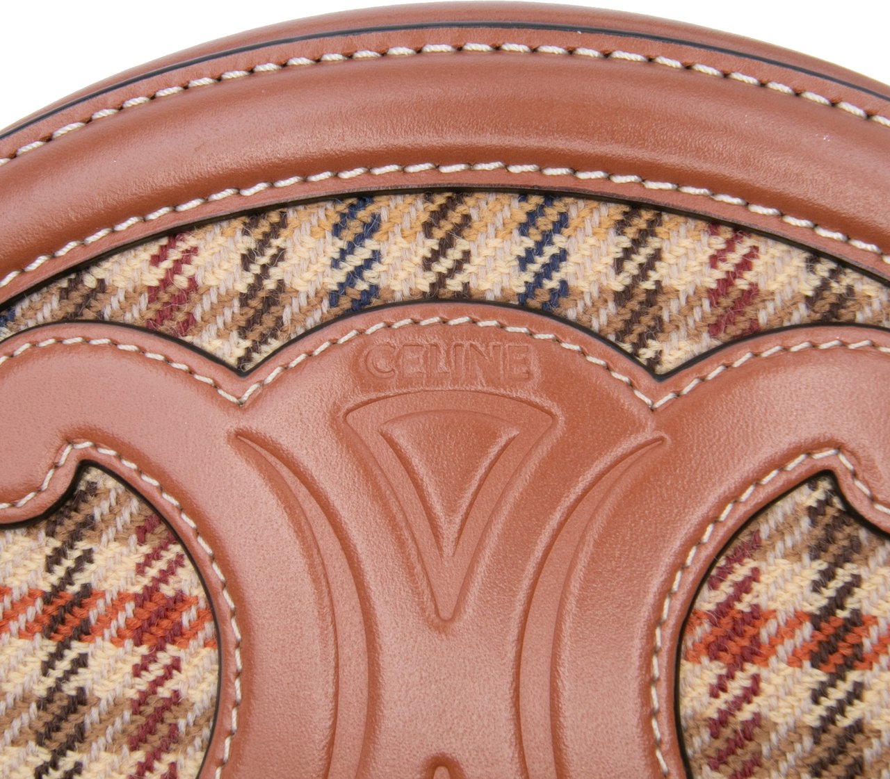 Celine Small Houndstooth Canvas and Calfskin Cuir Triomphe Oval Crossbody Bruin