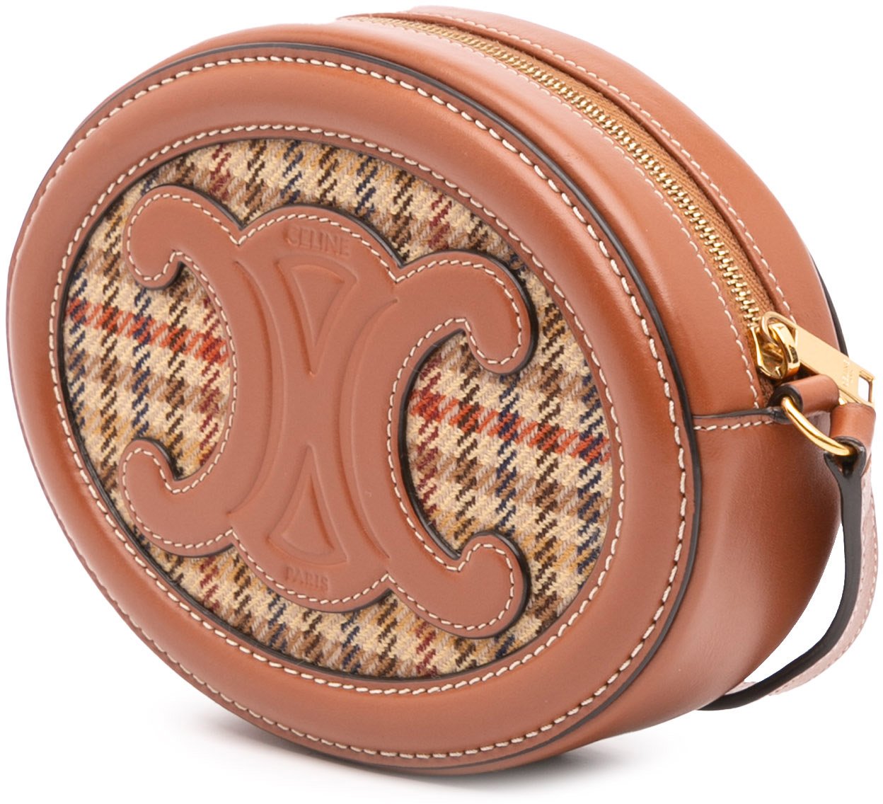 Celine Small Houndstooth Canvas and Calfskin Cuir Triomphe Oval Crossbody Bruin