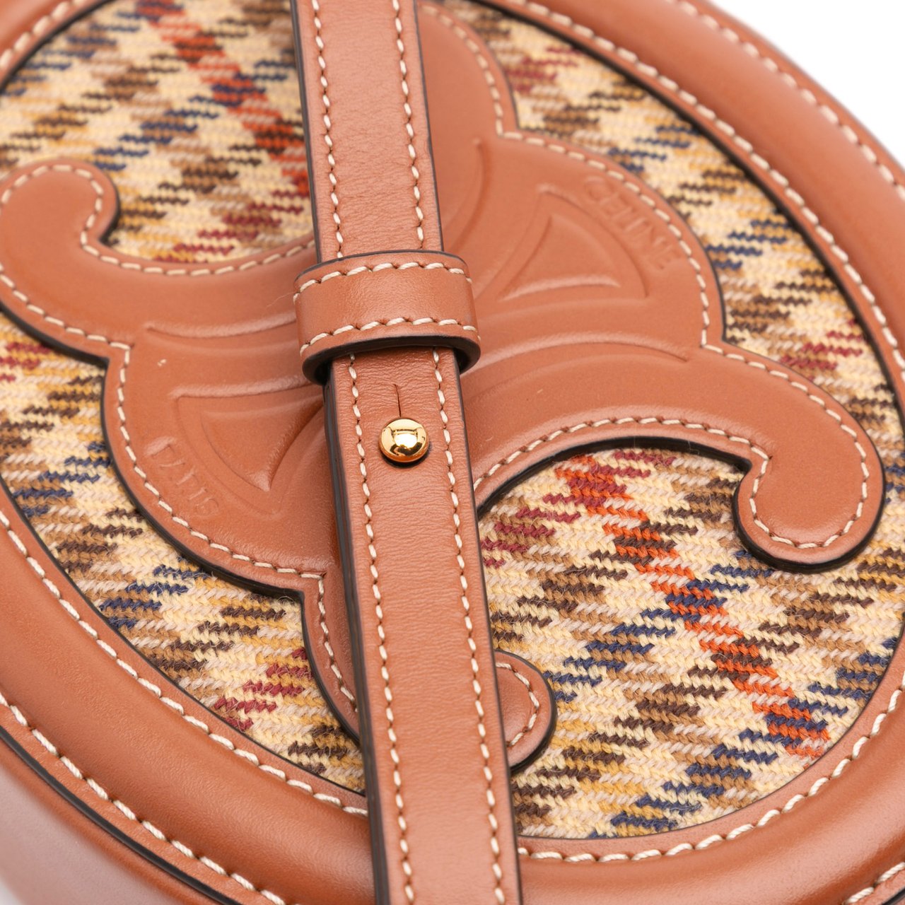 Celine Small Houndstooth Canvas and Calfskin Cuir Triomphe Oval Crossbody Bruin