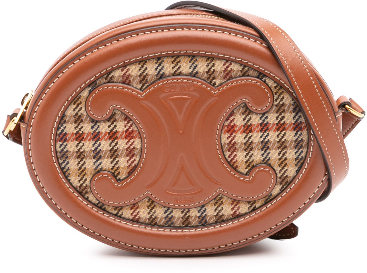Celine Small Houndstooth Canvas and Calfskin Cuir Triomphe Oval Crossbody Bruin