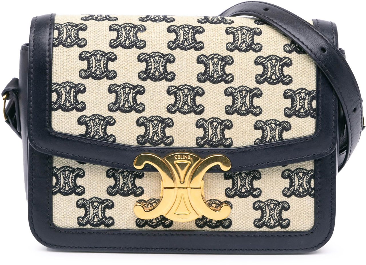 Celine Teen Embroidered Canvas and Calfskin Triomphe Crossbody Bruin