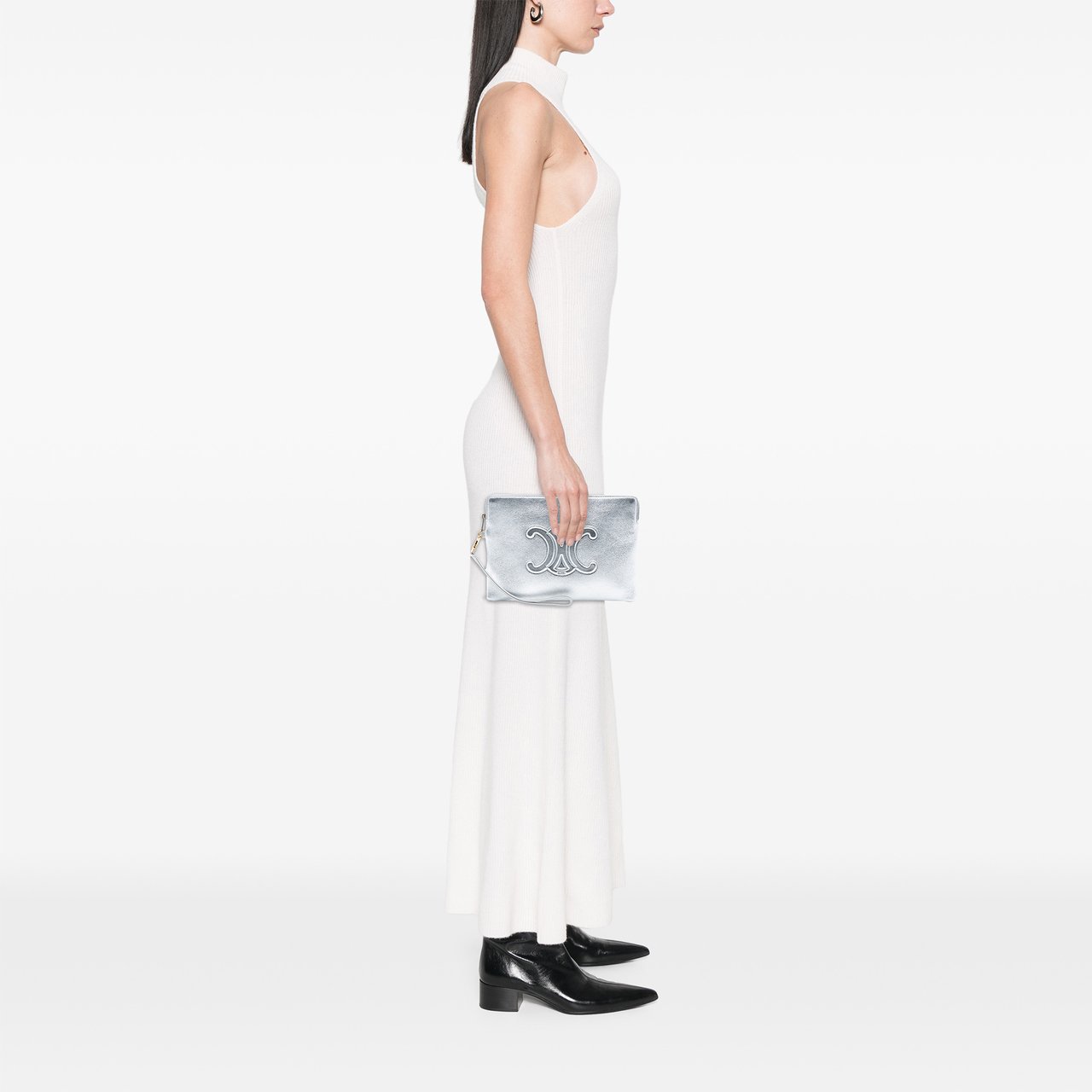 Celine Metallic Calfskin Cuir Triomphe Zip Pouch Zilver