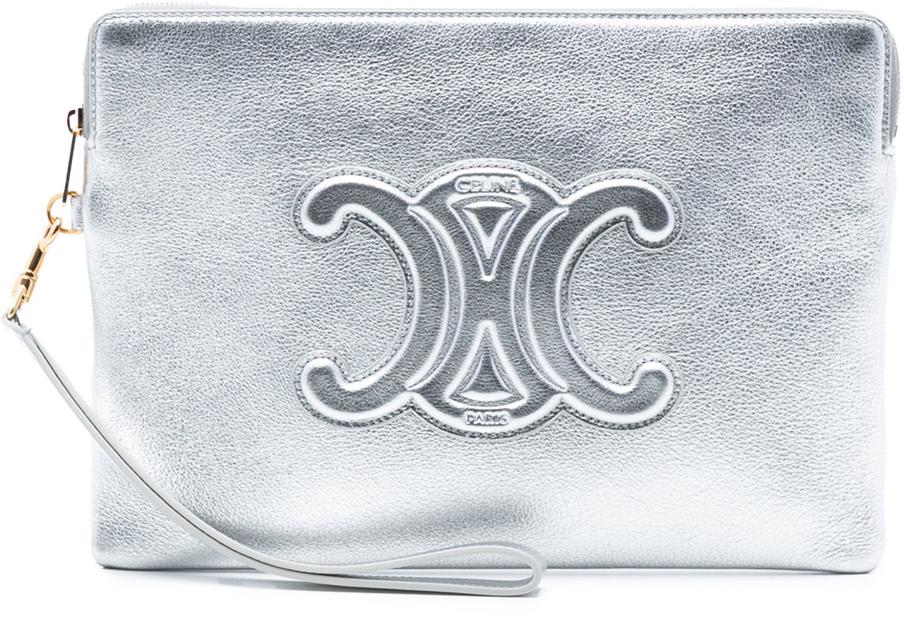 Celine Metallic Calfskin Cuir Triomphe Zip Pouch Zilver