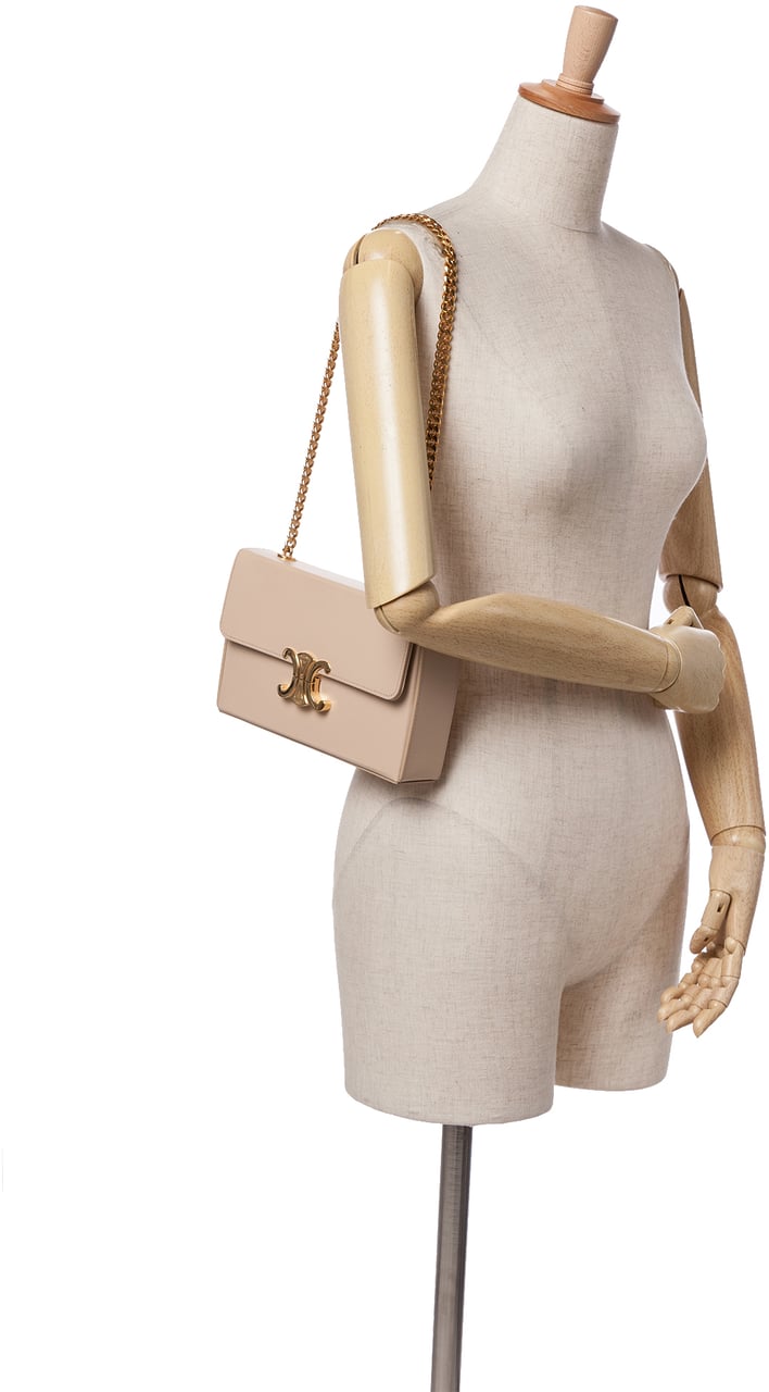 Celine Shiny Calfskin Triomphe Chain Box Shoulder Bag Bruin