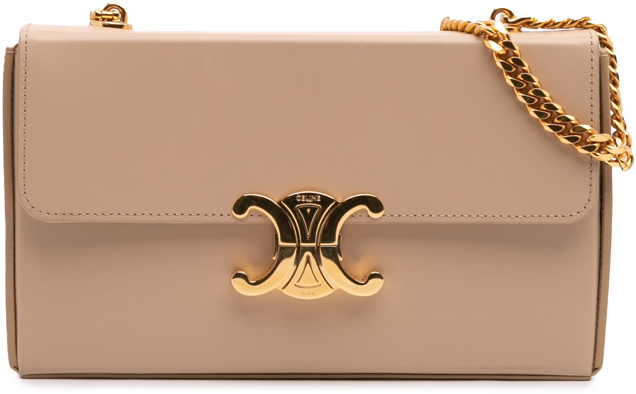 Celine Shiny Calfskin Triomphe Chain Box Shoulder Bag Bruin