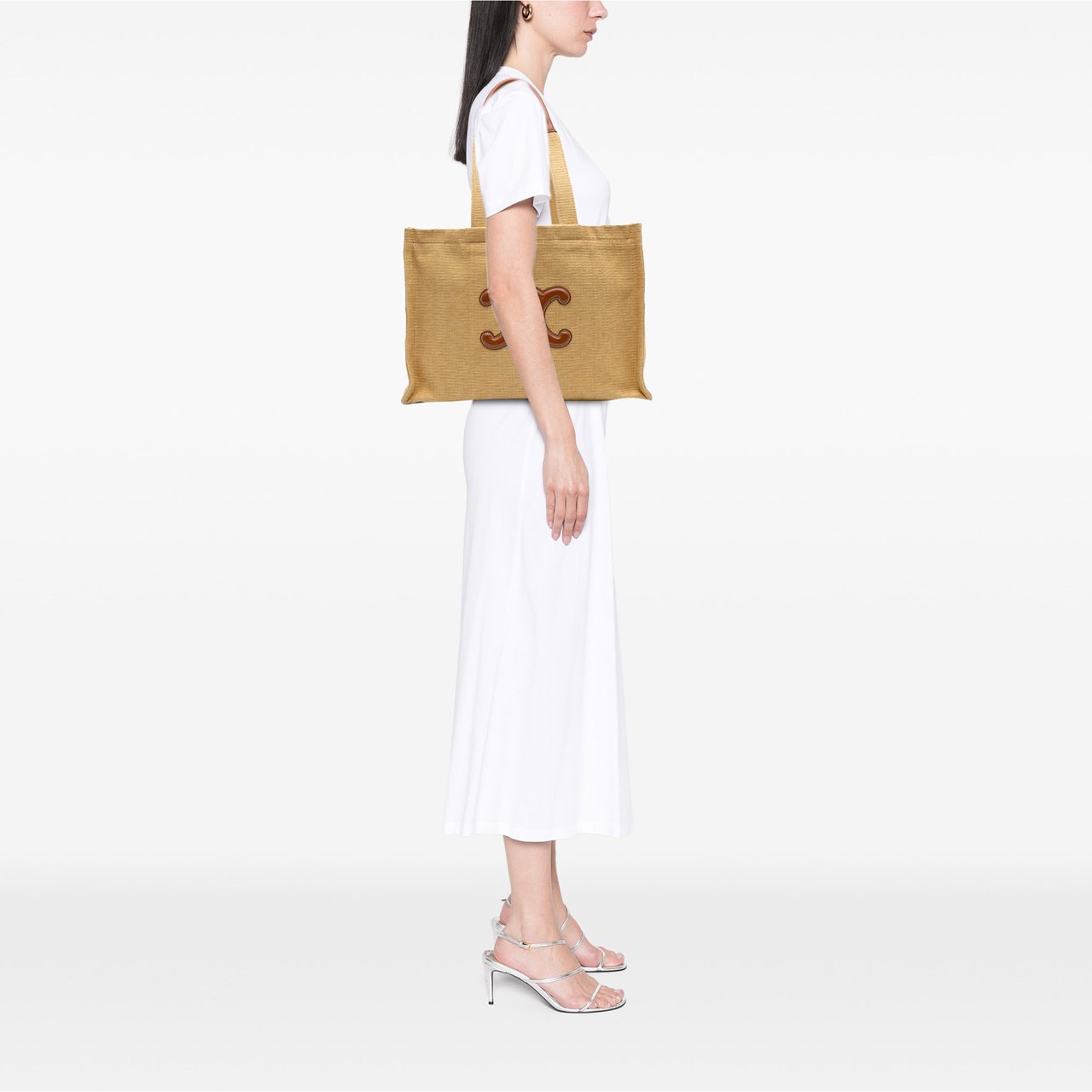 Celine Large Raffia Cuir Triomphe Cabas Thais Tote Bruin