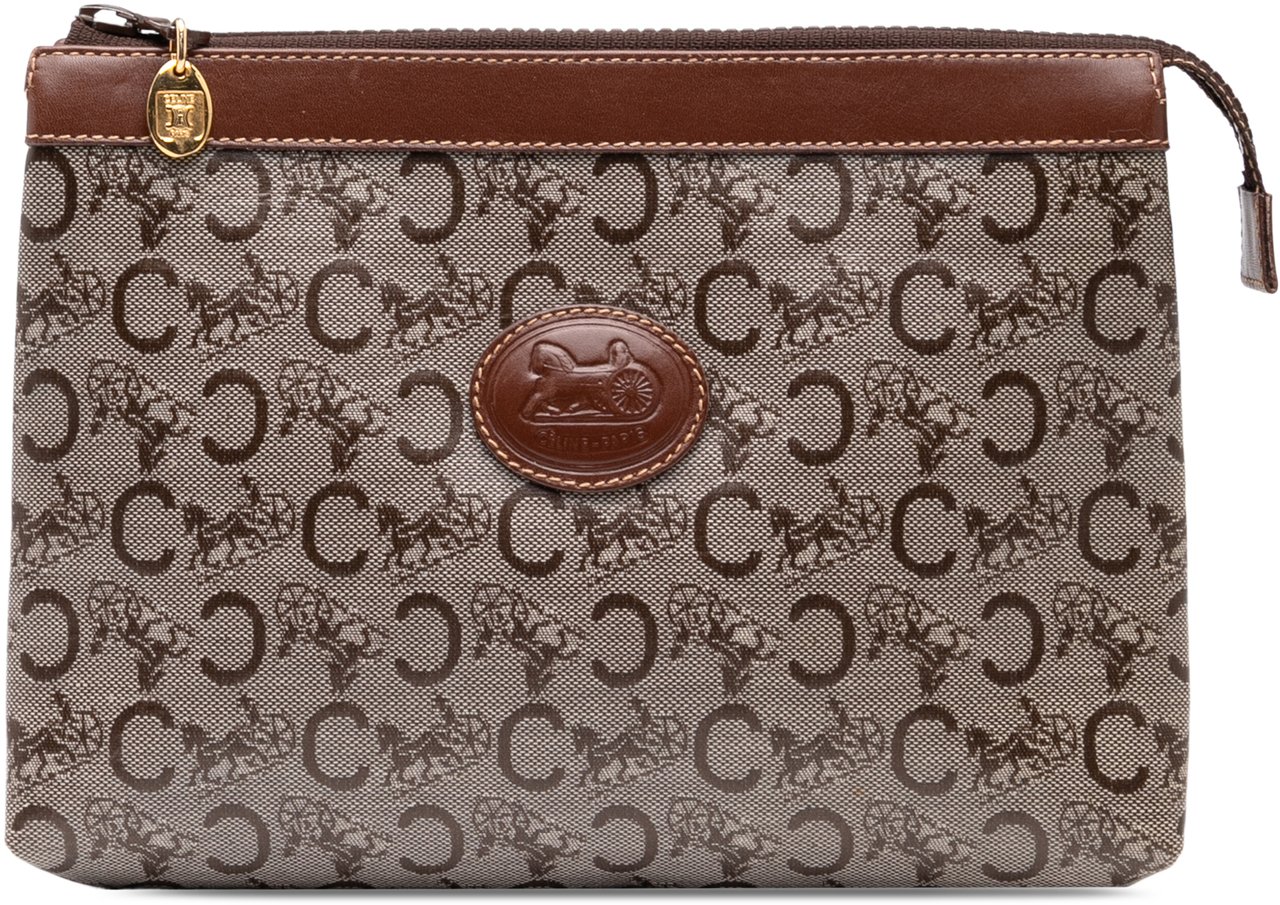 Celine C Carriage Coated Canvas Clutch Bruin