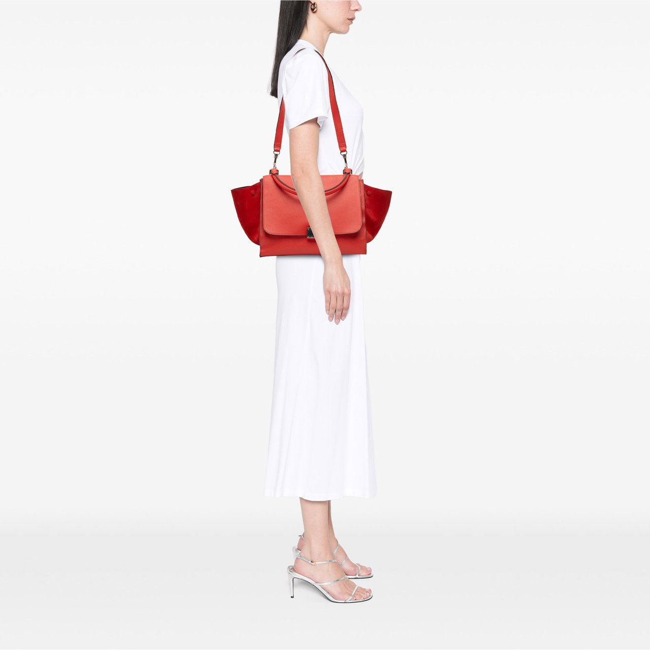 Celine Medium Drummed Calfskin and Suede Trapeze Satchel Rood