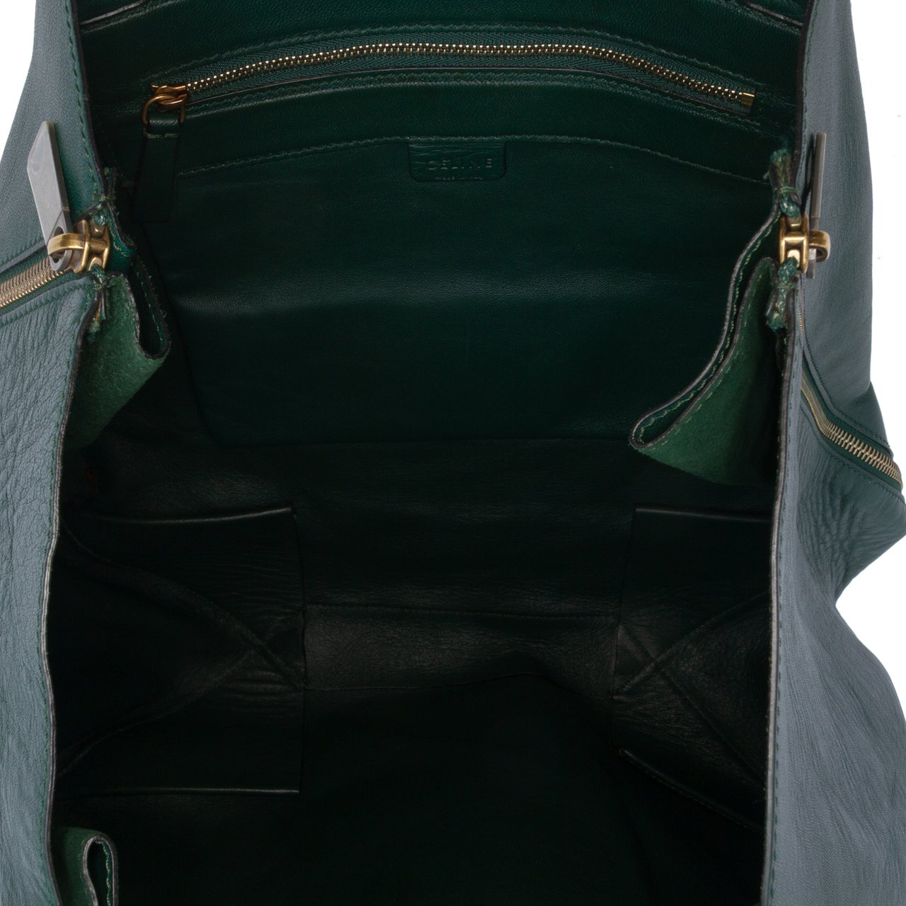 Celine Lambskin Horizontal Zipper Gusset Cabas Tote Groen