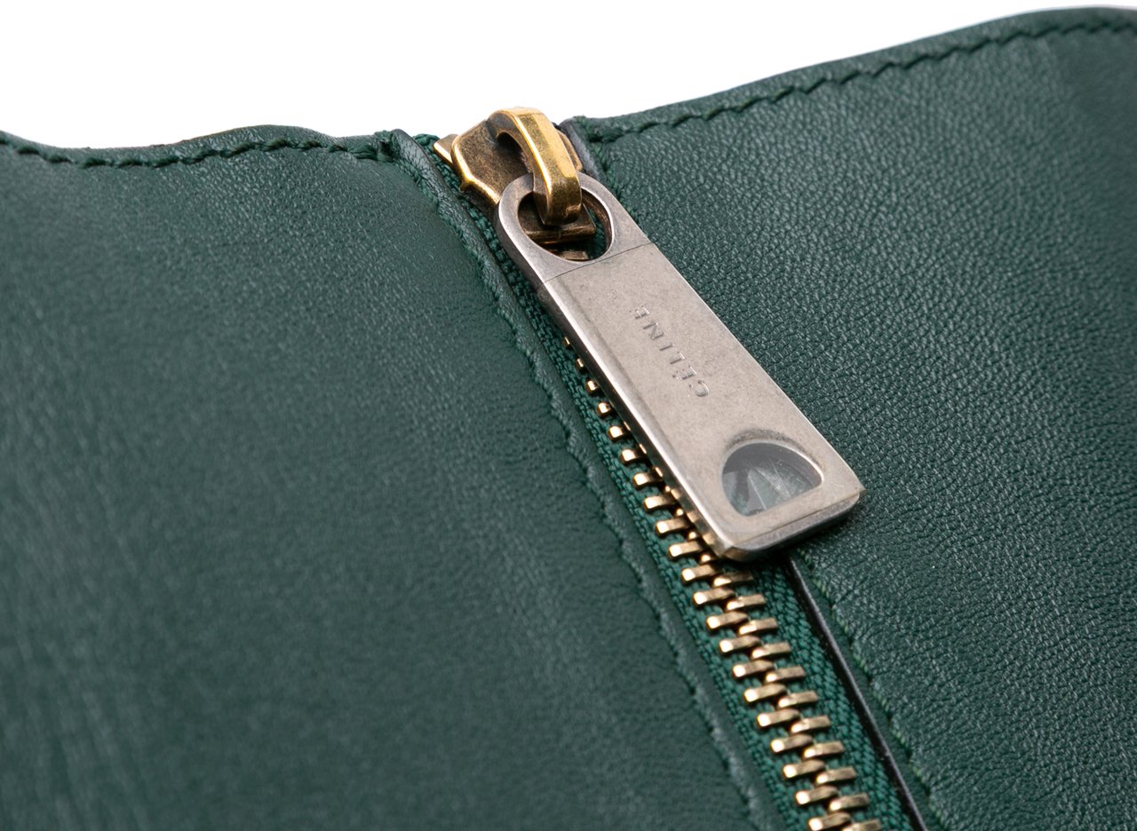 Celine Lambskin Horizontal Zipper Gusset Cabas Tote Groen