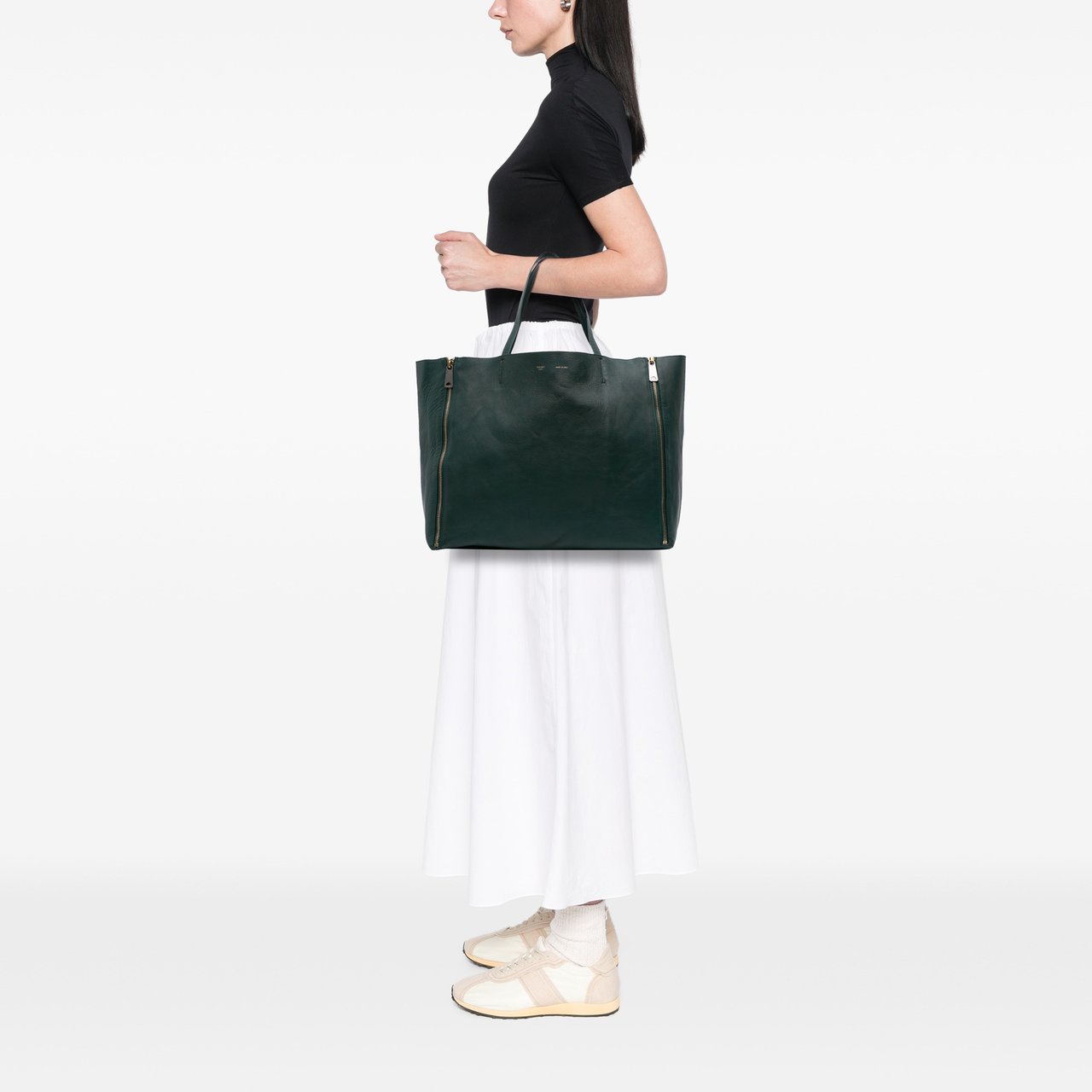 Celine Lambskin Horizontal Zipper Gusset Cabas Tote Groen