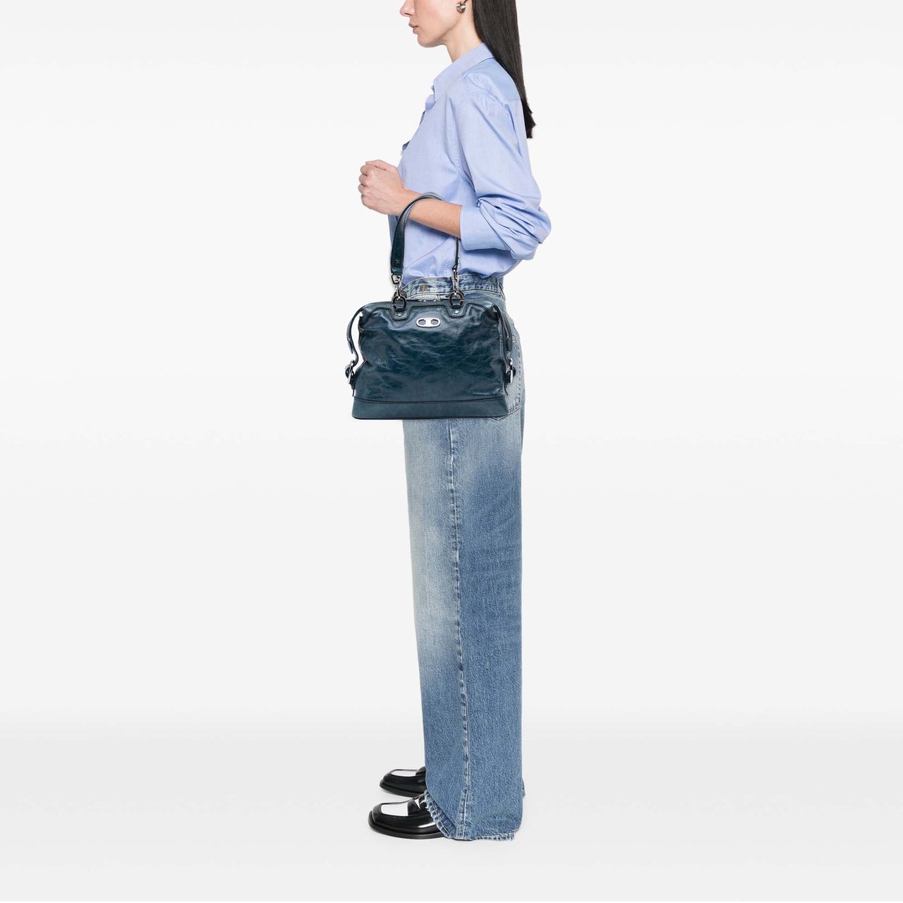 Celine Crinkled Patent Macadam Shoulder Bag Blauw