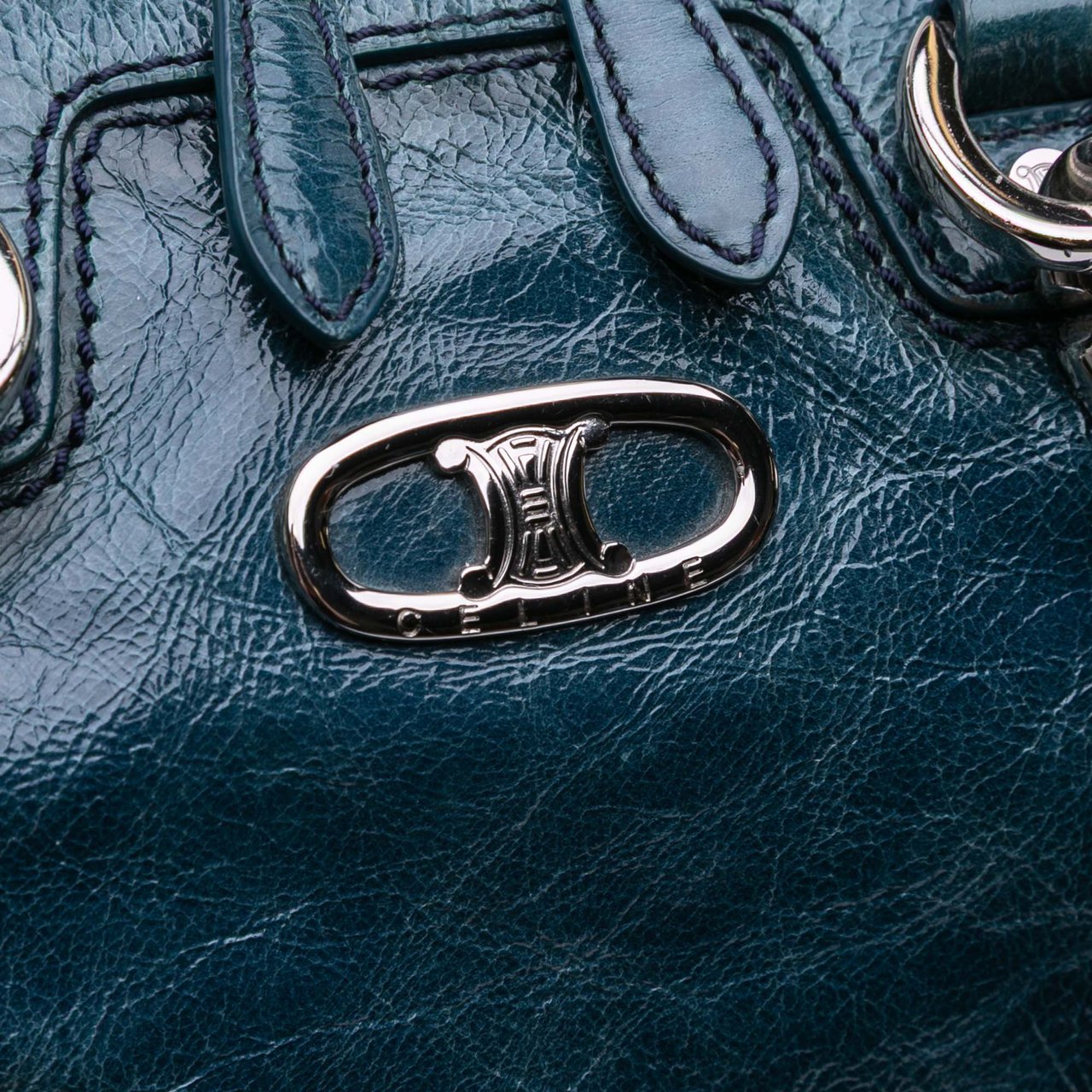 Celine Crinkled Patent Macadam Shoulder Bag Blauw