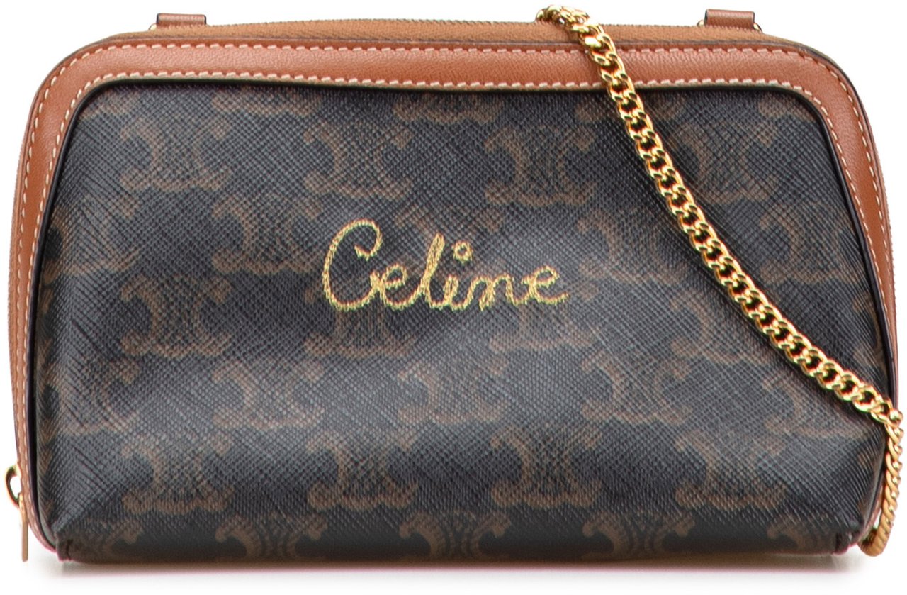 Celine Triomphe Coated Canvas Embroidered Logo Clutch On Chain Bruin