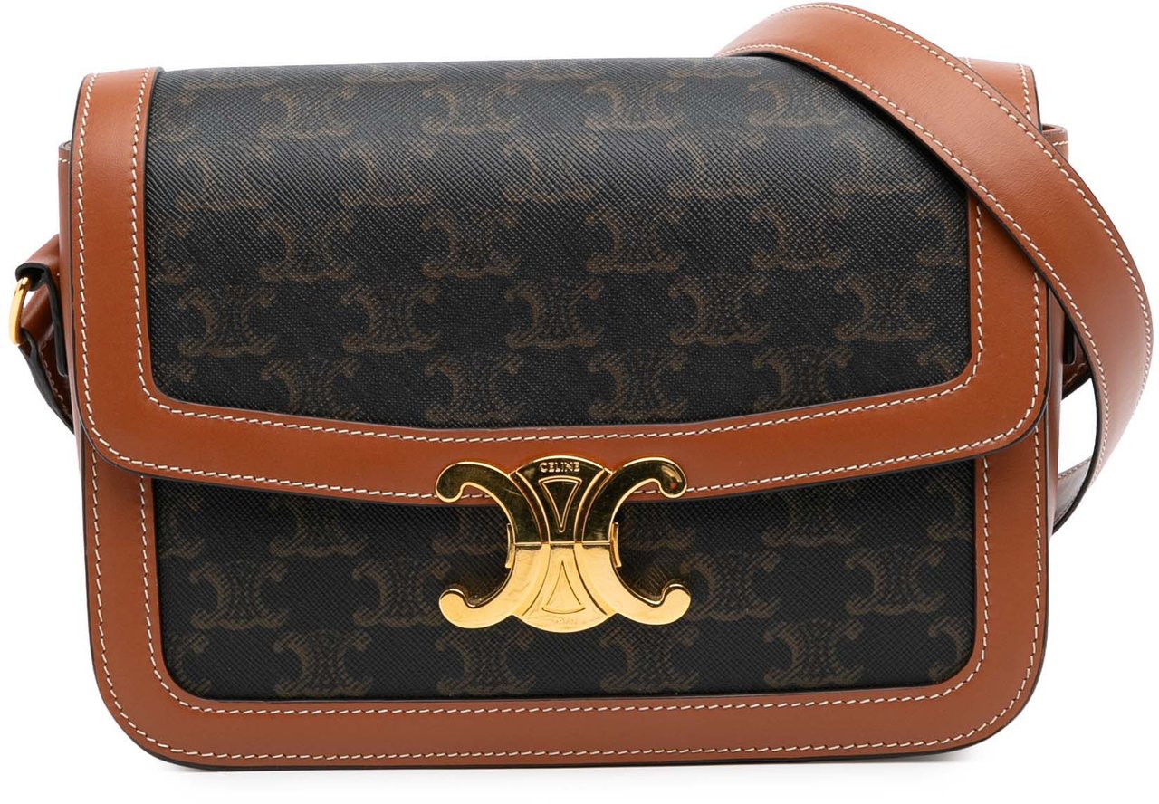 Celine Classique Triomphe Coated Canvas and Calfskin Triomphe Crossbody Bruin