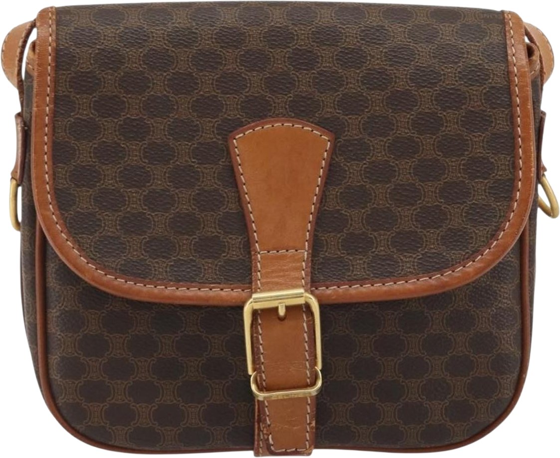 Celine Vintage Macadam Canvas and Leather Bruin