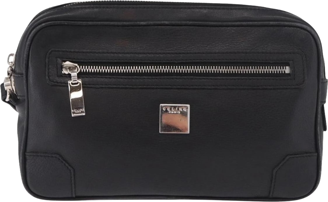 Celine Vintage Zip Wristlet Clutch Leather Zwart