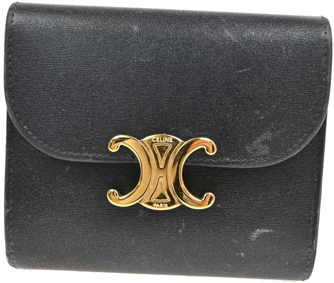 Celine Celine Triomphe Trifold Wallet Leather Small Zwart
