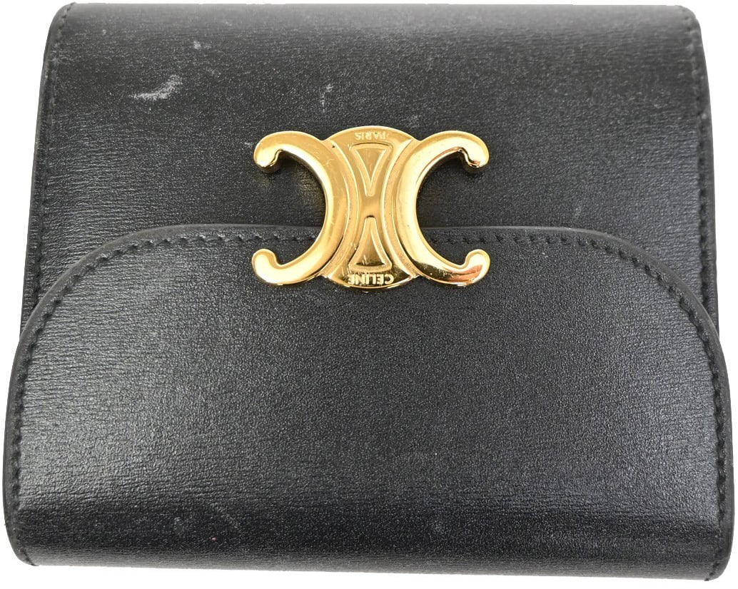 Celine Celine Triomphe Trifold Wallet Leather Small Zwart