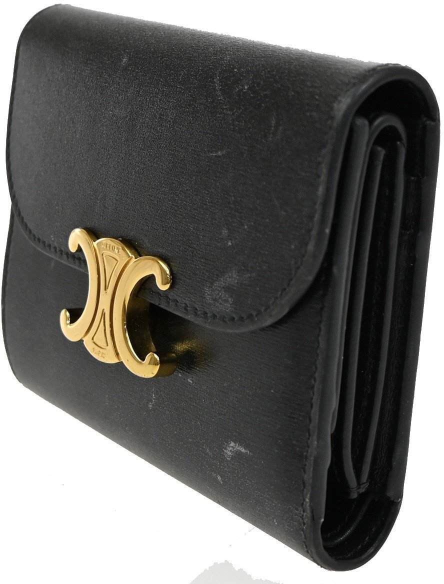 Celine Celine Triomphe Trifold Wallet Leather Small Zwart