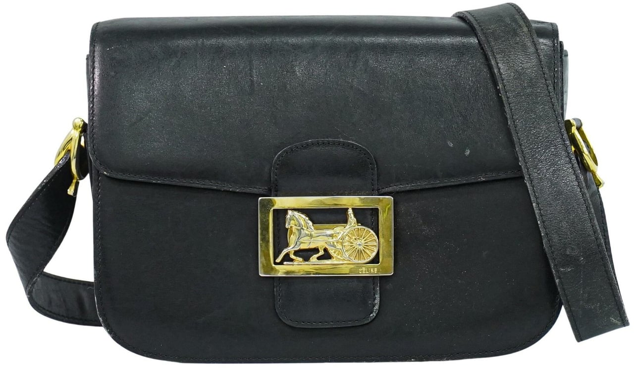 Celine Celine Vintage Carriage Flap Bag Leather Medium Zwart