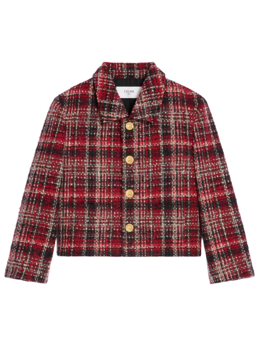 Celine Red Plaid Cotton-Wool Bomber Jacket Maroon