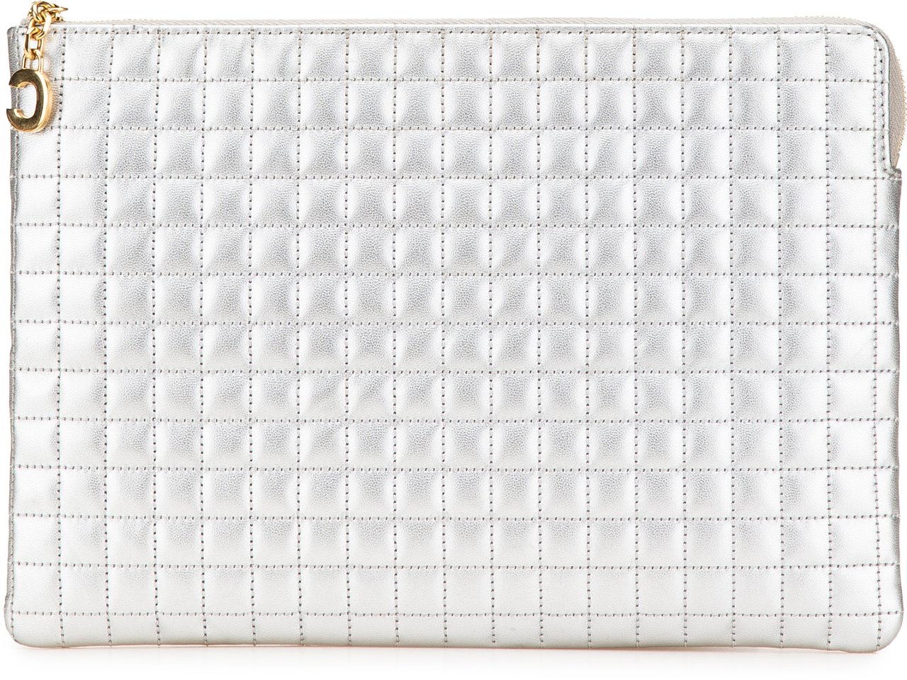 Celine Quilted Metallic Calfskin C Charm Pouch Zilver
