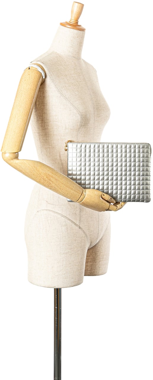 Celine Quilted Metallic Calfskin C Charm Pouch Zilver