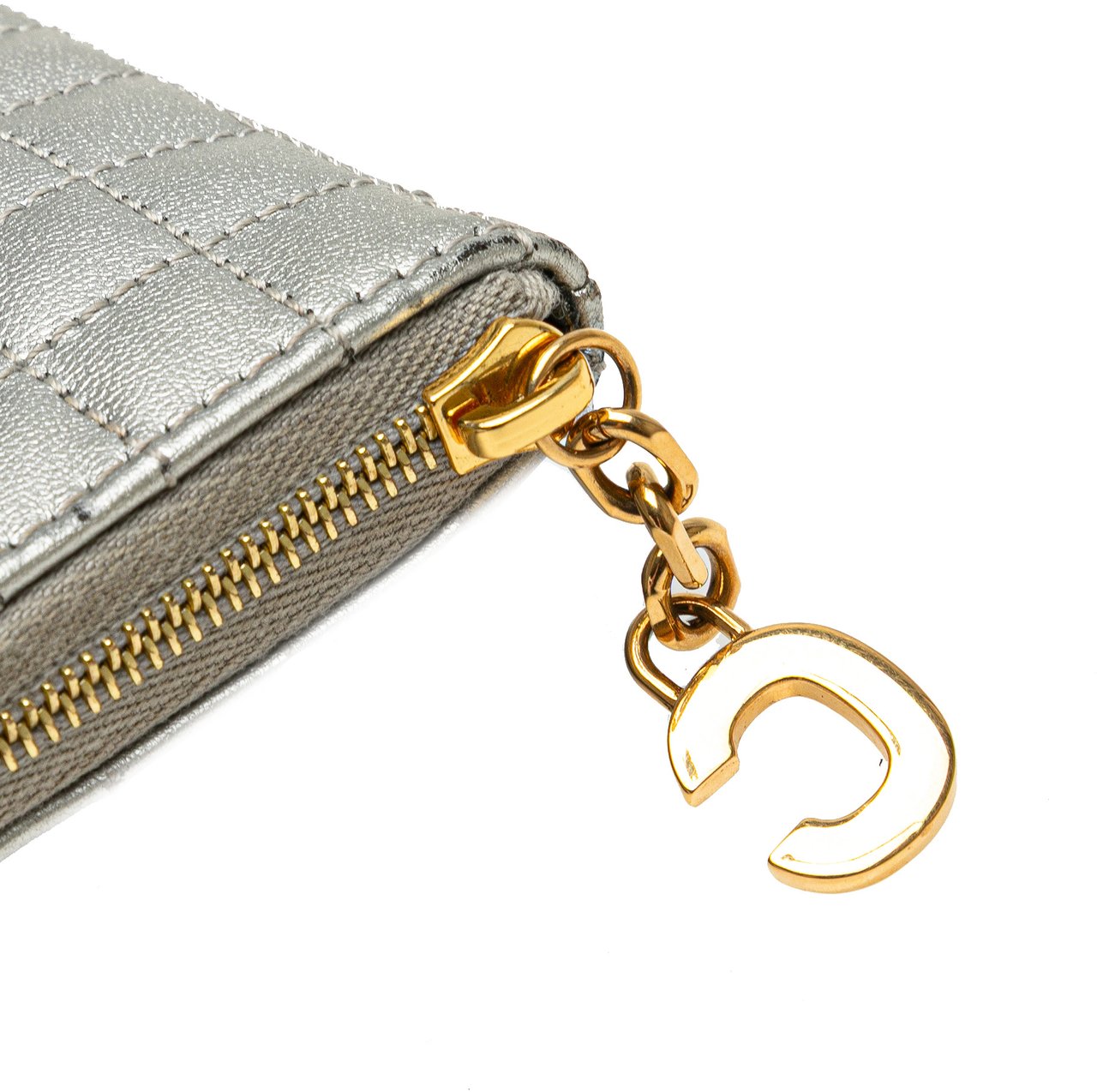 Celine Quilted Metallic Calfskin C Charm Pouch Zilver