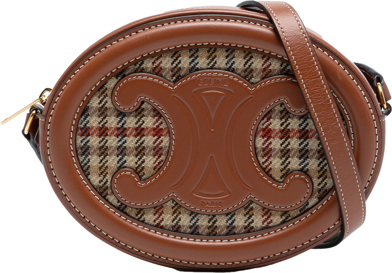 Celine Small Houndstooth Canvas and Calfskin Cuir Triomphe Oval Crossbody Bruin