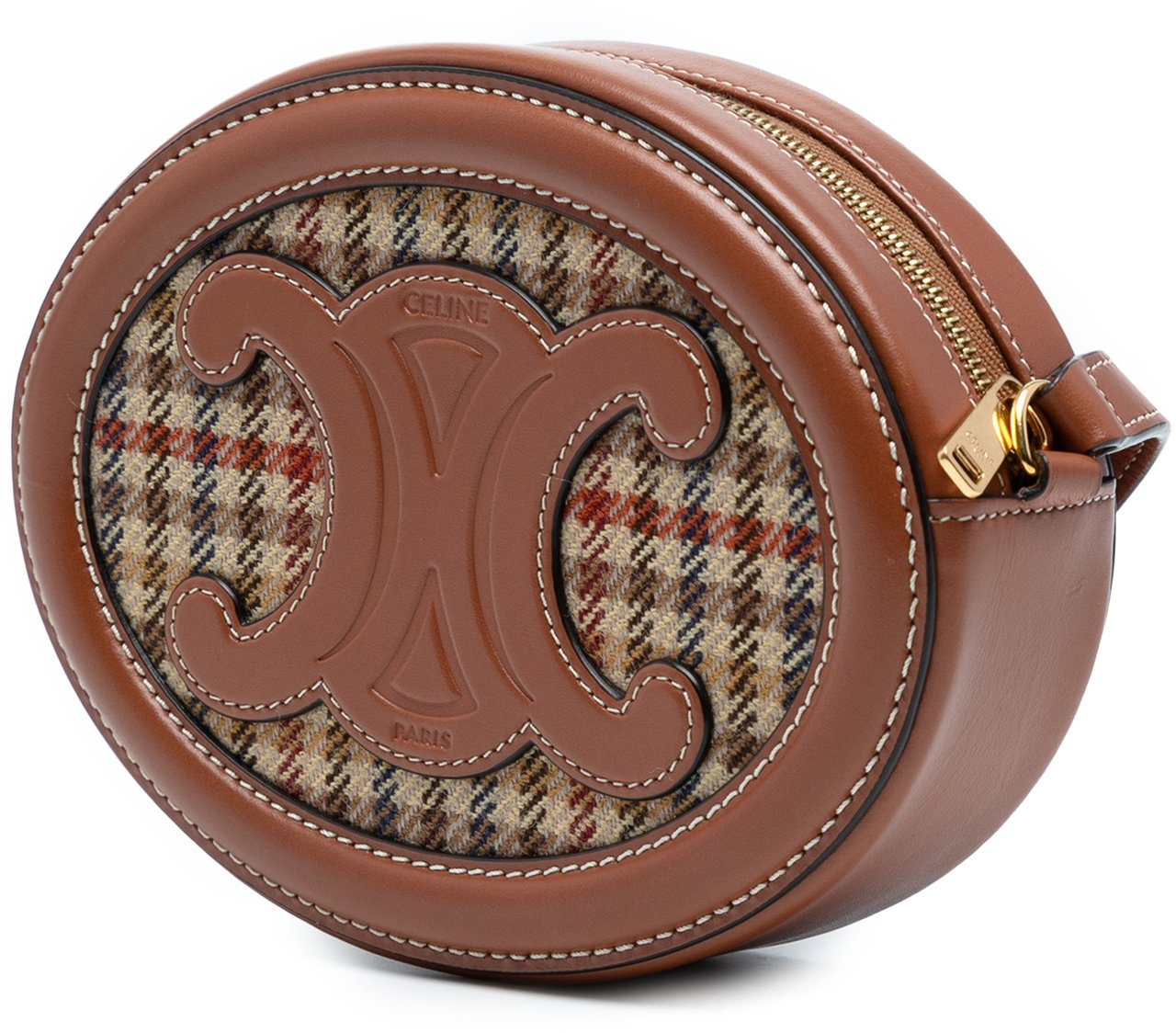 Celine Small Houndstooth Canvas and Calfskin Cuir Triomphe Oval Crossbody Bruin