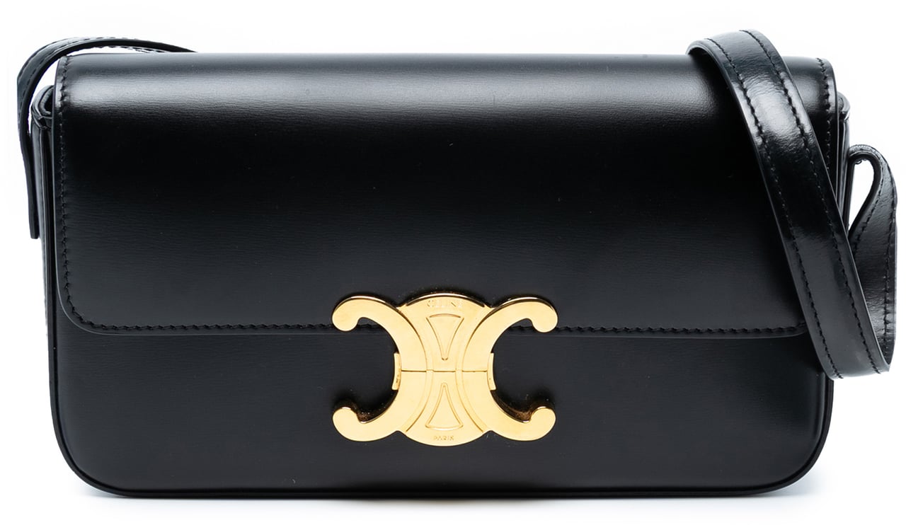 Celine Shiny Calfskin Triomphe Claude Shoulder Bag Zwart