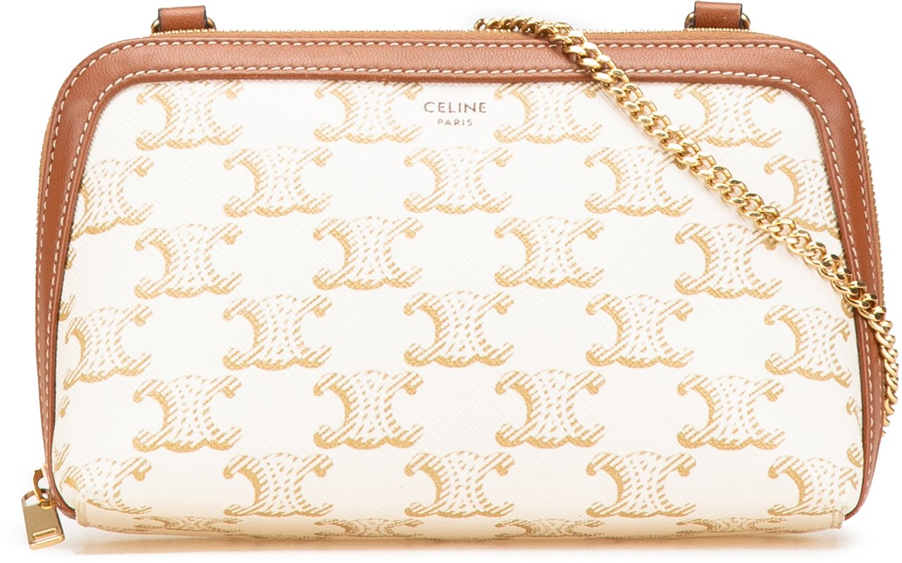 Celine Triomphe Coated Canvas Clutch On Chain Wit