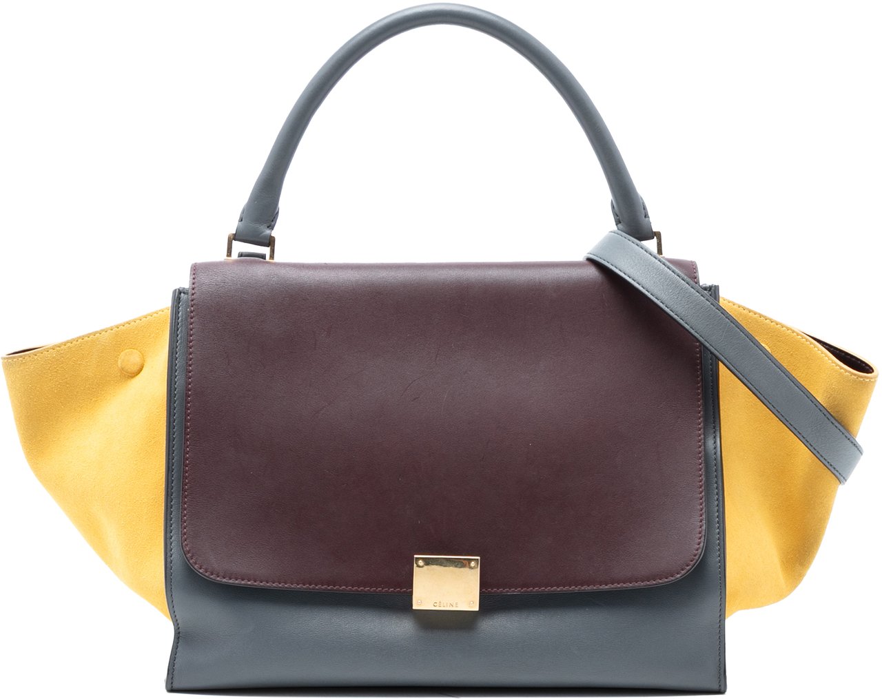 Celine Medium Tricolor Calfskin and Suede Trapeze Satchel Grijs