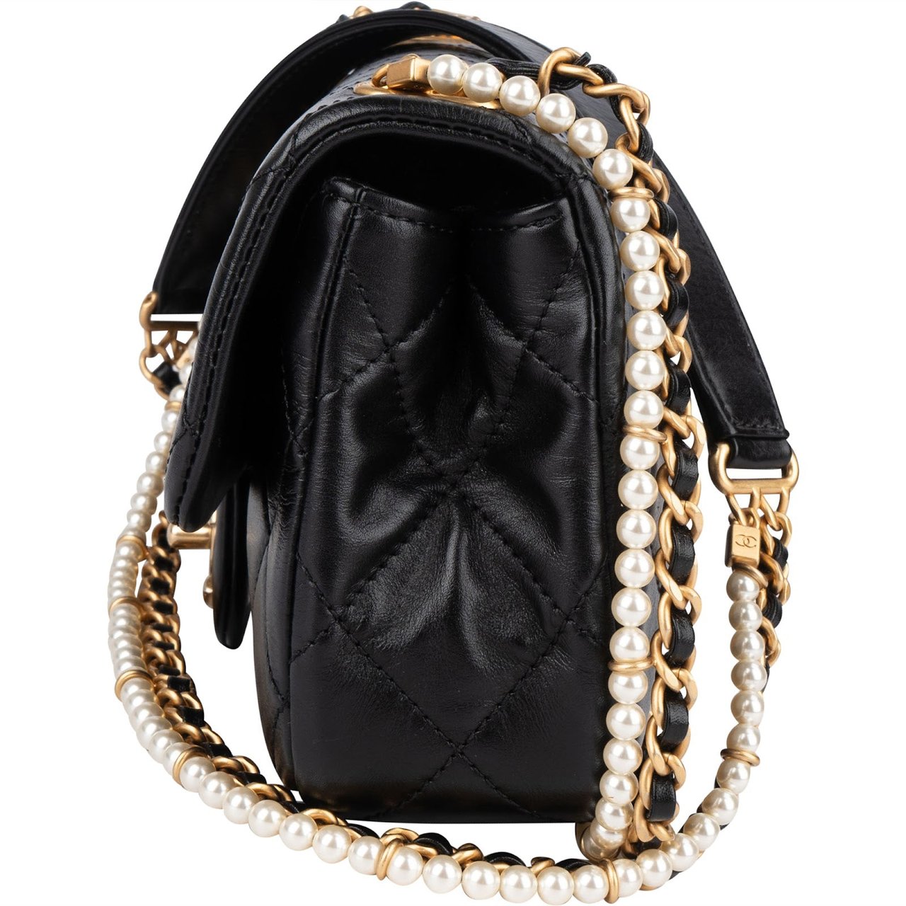 Chanel Chanel Quilted Lambskin Pearl Mini Single Flap Crossbody Bag Zwart