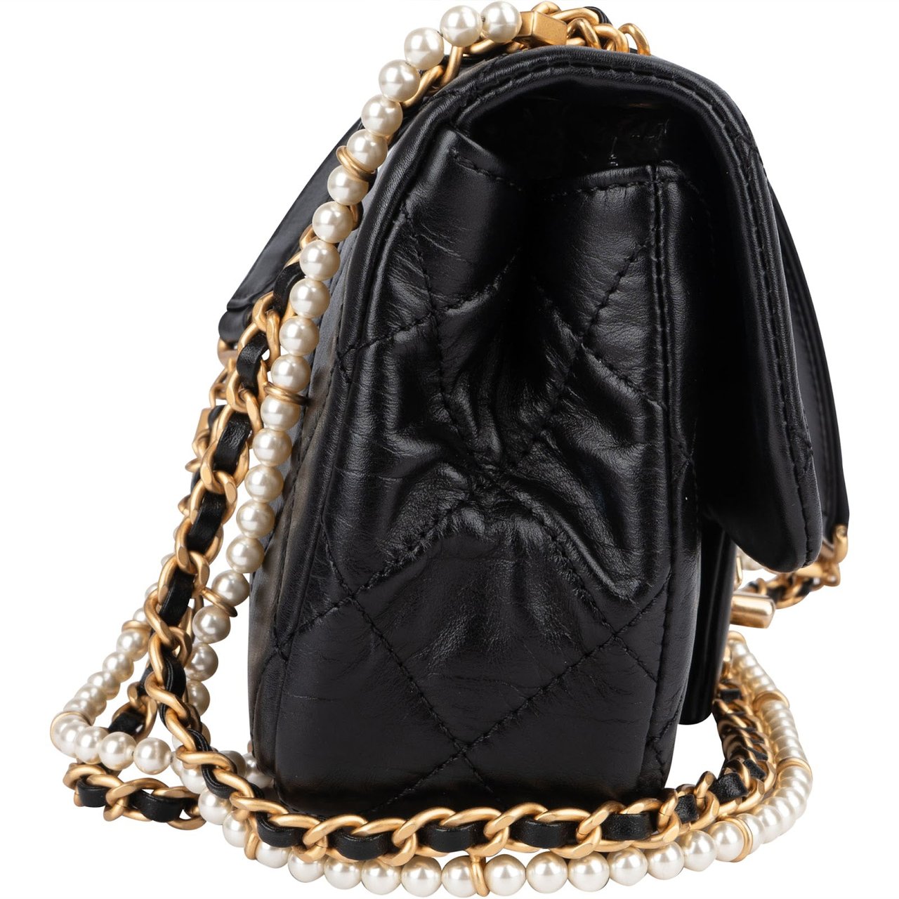 Chanel Quilted Lambskin Pearl Mini Single Flap Crossbody Bag Zwart