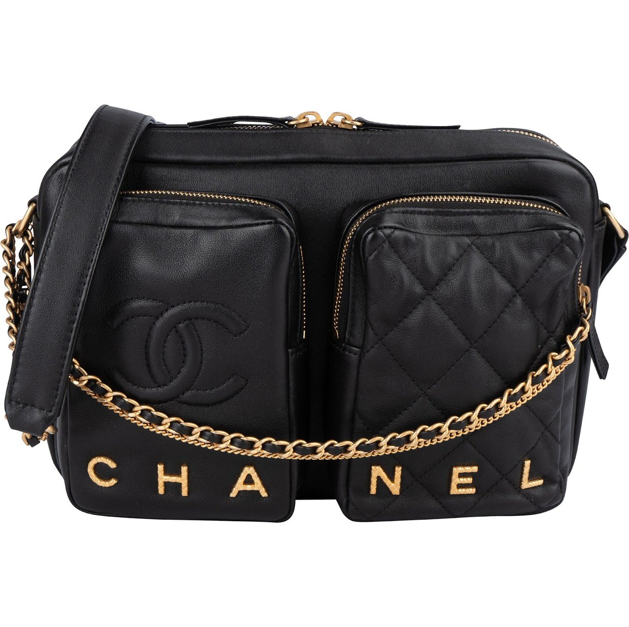 Chanel Chanel Quilted Lambskin CC Multi-Pocket Camera Crossbody Bag Zwart