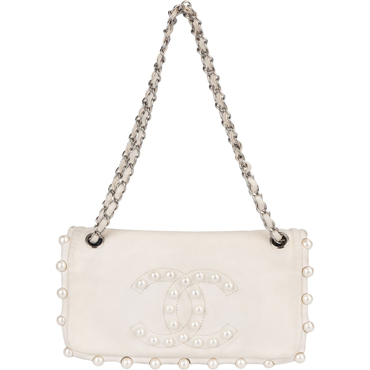 Chanel Chanel White Lambskin CC Pearl Single Flap Crossbody Bag Wit