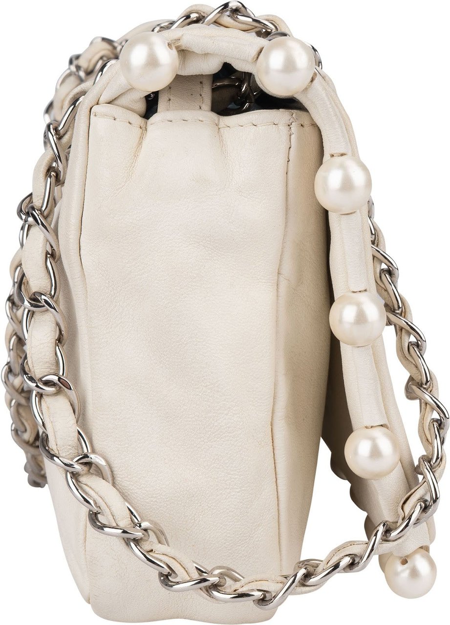 Chanel White Lambskin CC Pearl Single Flap Crossbody Bag Wit