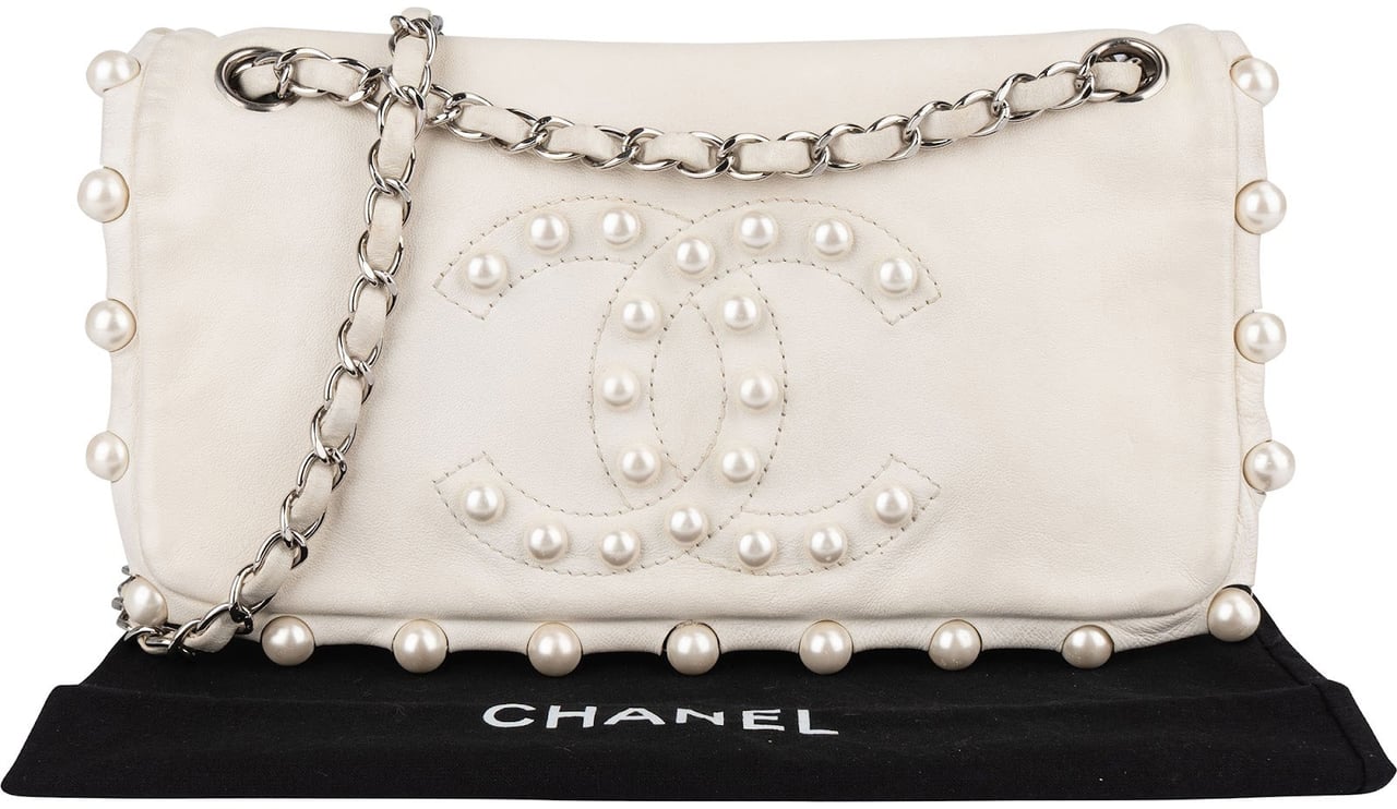 Chanel Chanel White Lambskin CC Pearl Single Flap Crossbody Bag Wit