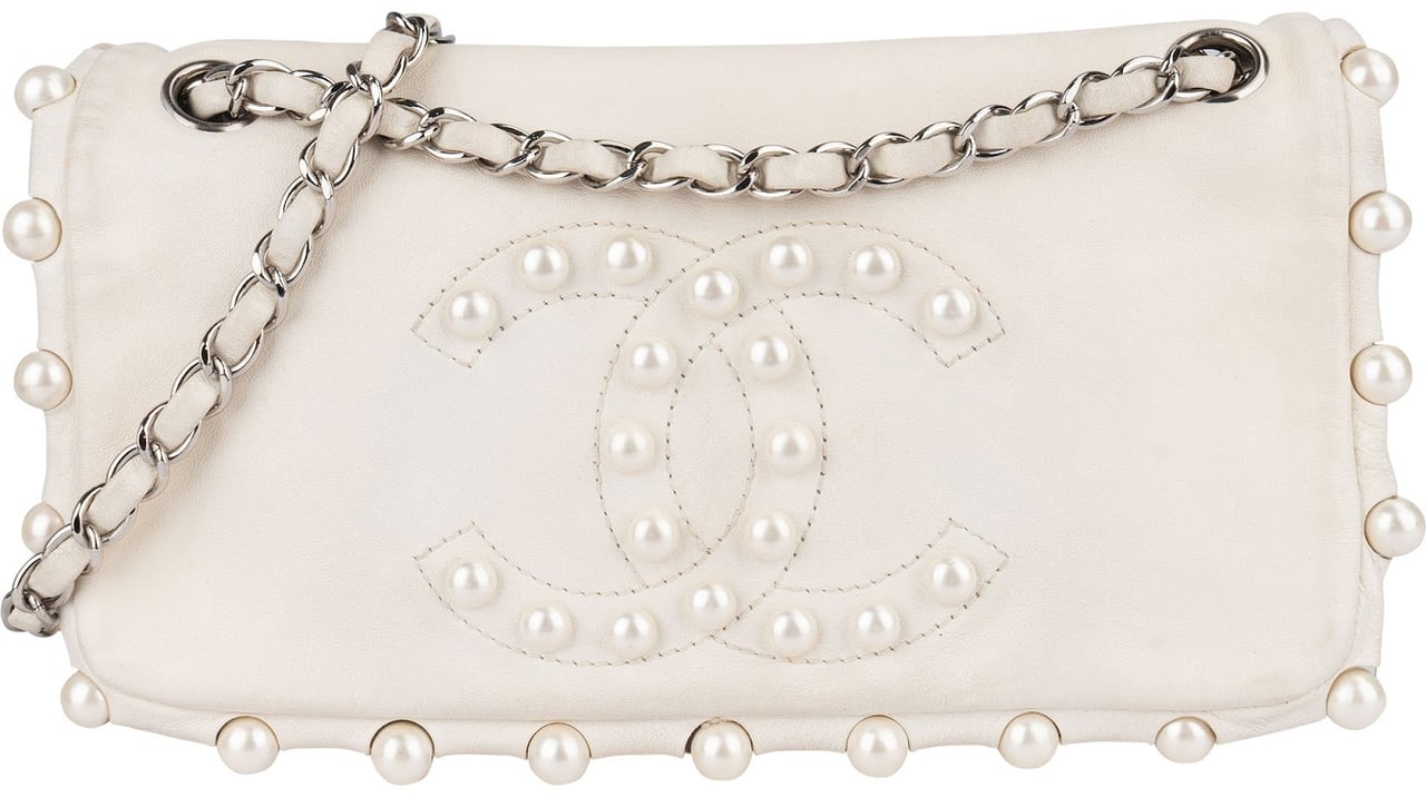 Chanel Chanel White Lambskin CC Pearl Single Flap Crossbody Bag Wit