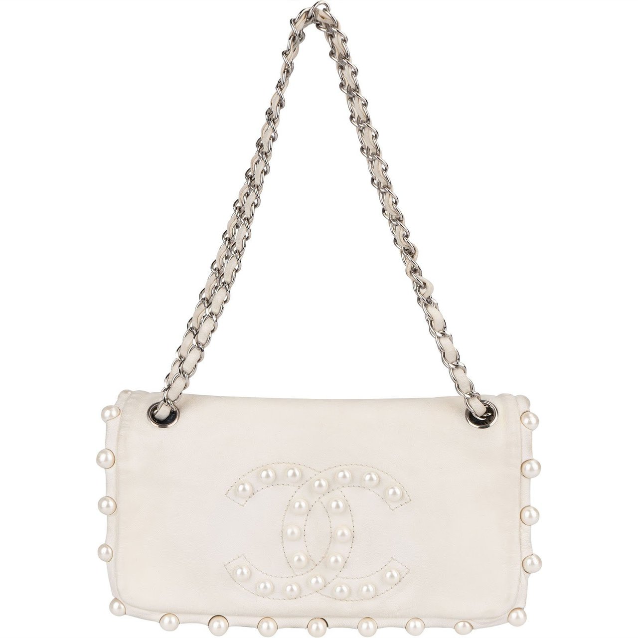 Chanel White Lambskin CC Pearl Single Flap Crossbody Bag Wit