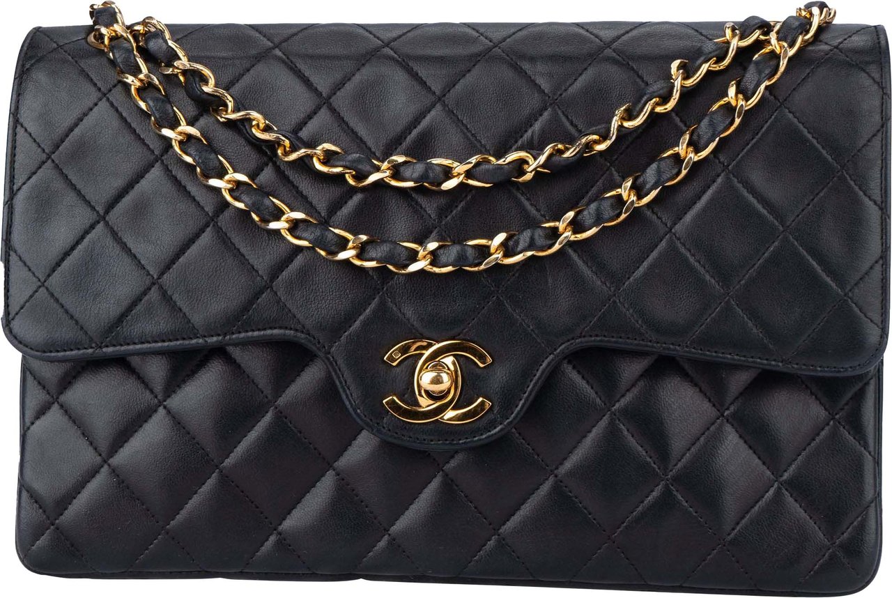 Chanel Chanel Quilted Lambskin 24K Gold Double Flap Crossbody Bag Zwart