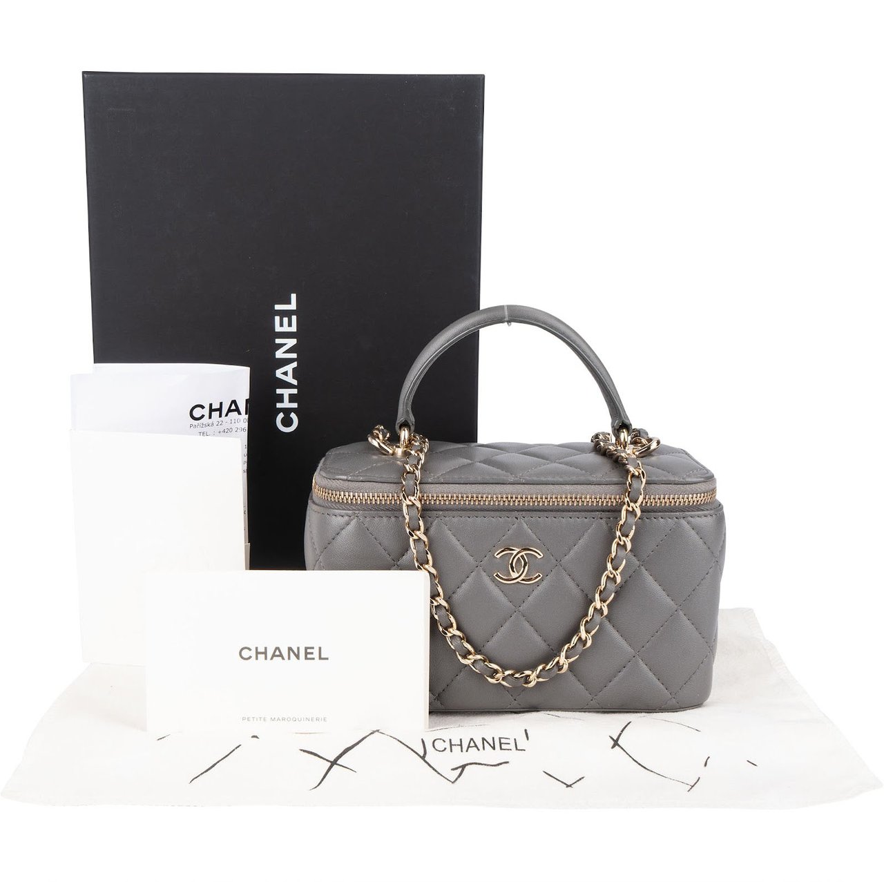Chanel Chanel Quilted Lambskin Top Handle Vanity Case Crossbody Bag Donkergrijs