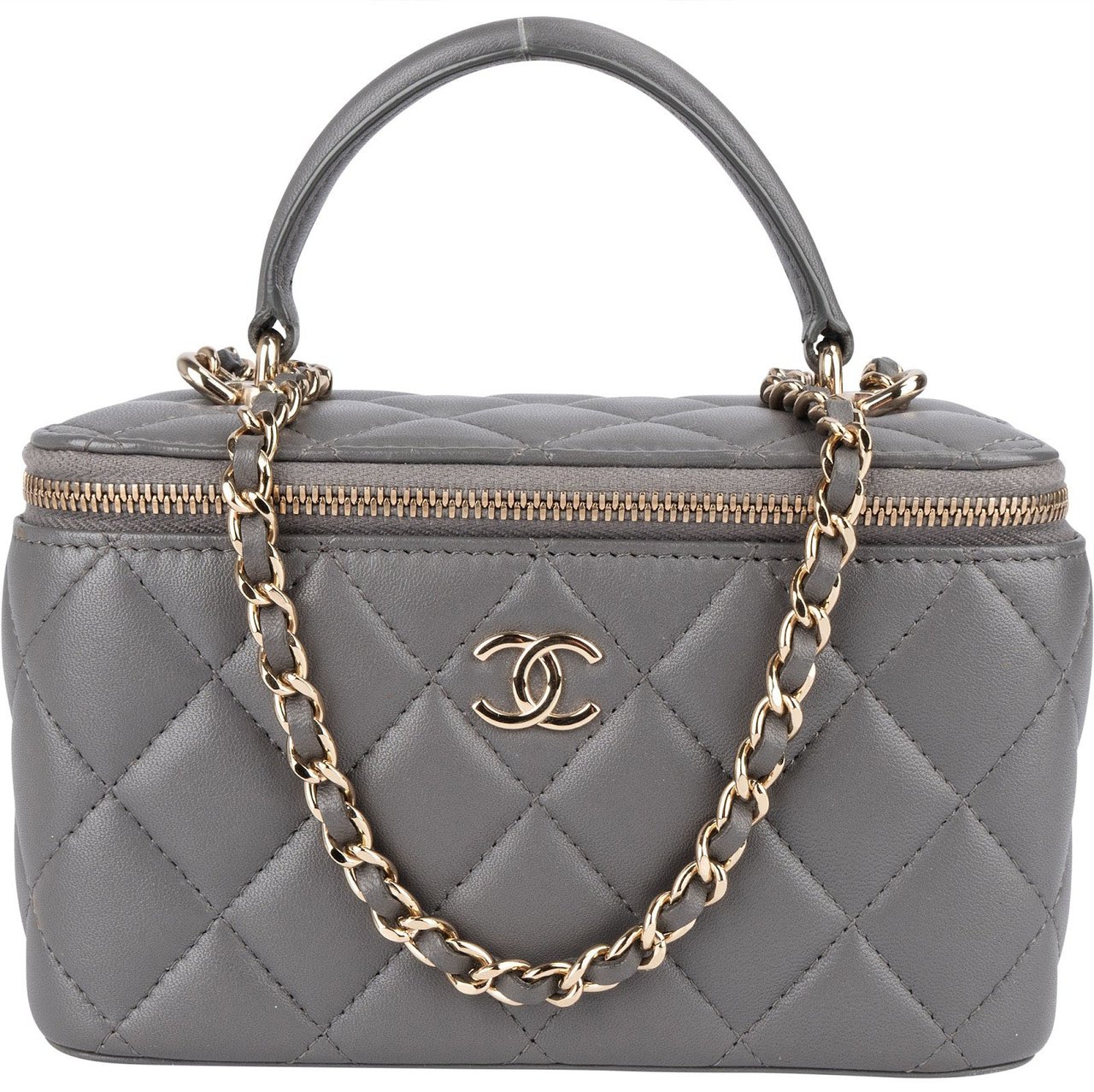 Chanel Chanel Quilted Lambskin Top Handle Vanity Case Crossbody Bag Donkergrijs