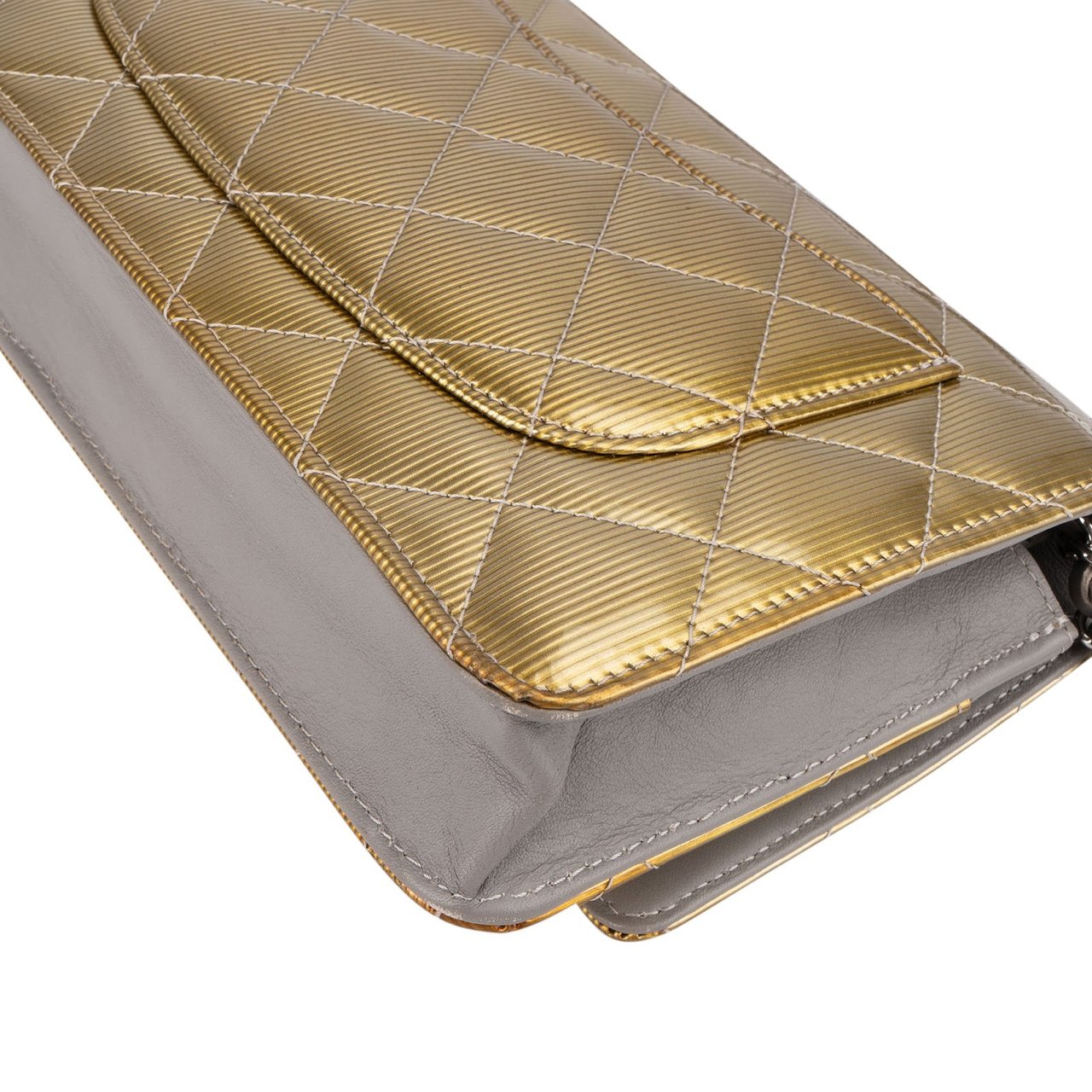Chanel Ribbed Metallic Patent Leather Wallet On Chain Crossbody Bag Goud